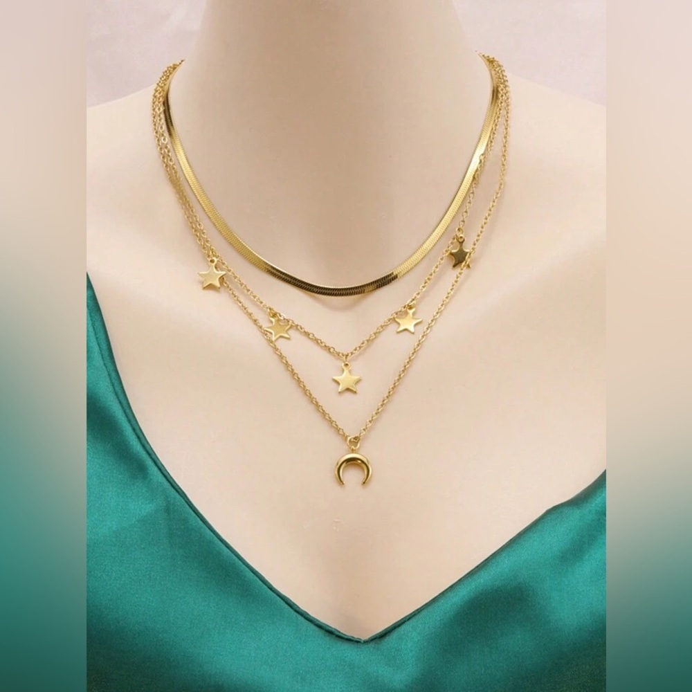 18K Gold Moon & Stars Celestial Bohemian Vintage Style Layered Necklace No Fade - Picture 10 of 14